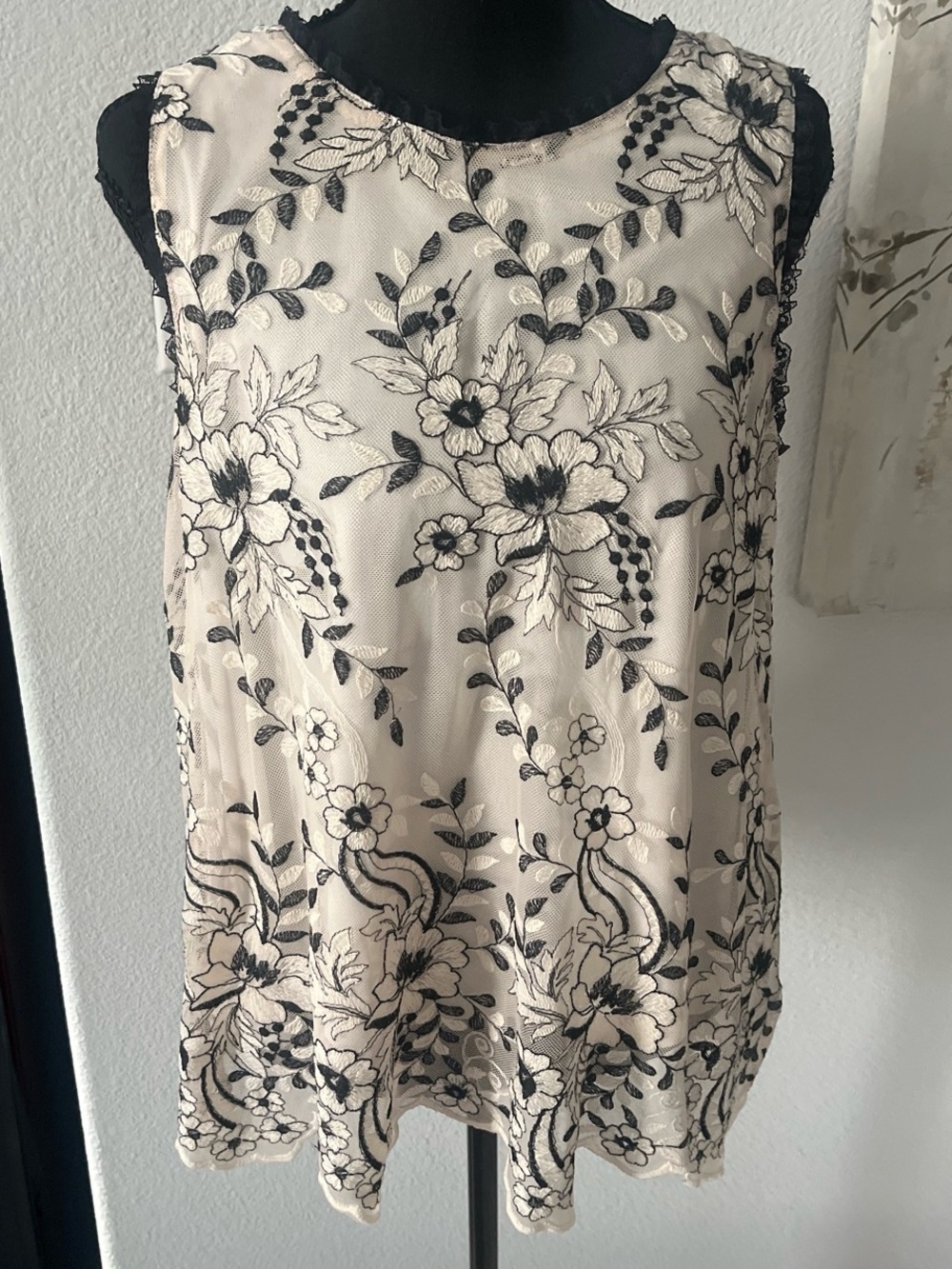 Altar'd State Black Lace Floral Camisole on Cream